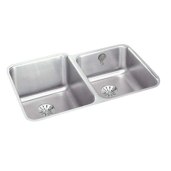 Elkay Lustertone Stainless Steel 31-1/4X20-1/2X9-7/8 Offset Double Bowl Undermount Sink W/Perfect Drain ELUH3120RPDK - main